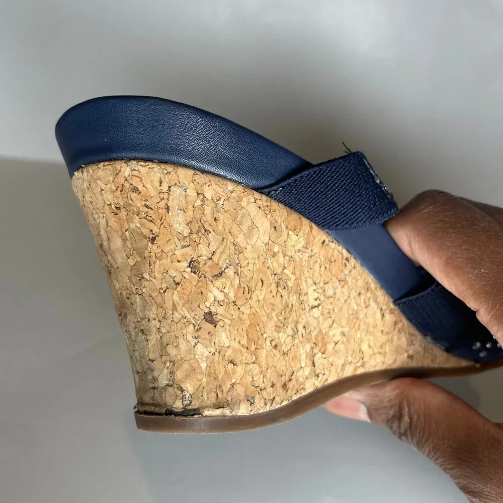 IMPO Vena Navy Blue Rhinestone Stretch Wedge Sandals Size 8